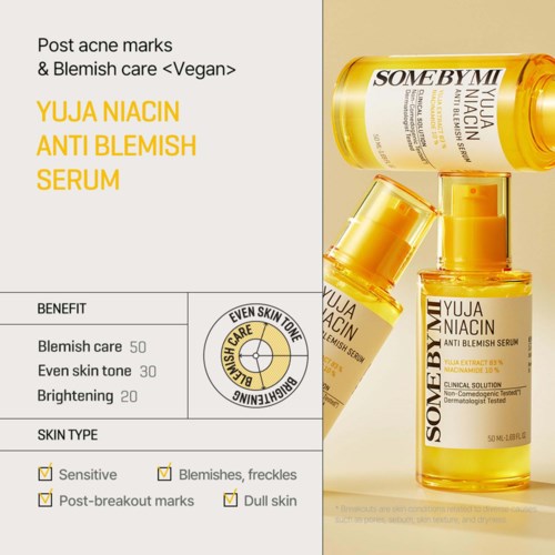 Veganes Serum gegen Akne und Makel in gelben Flaschen, geeignet für empfindliche und matte Haut.