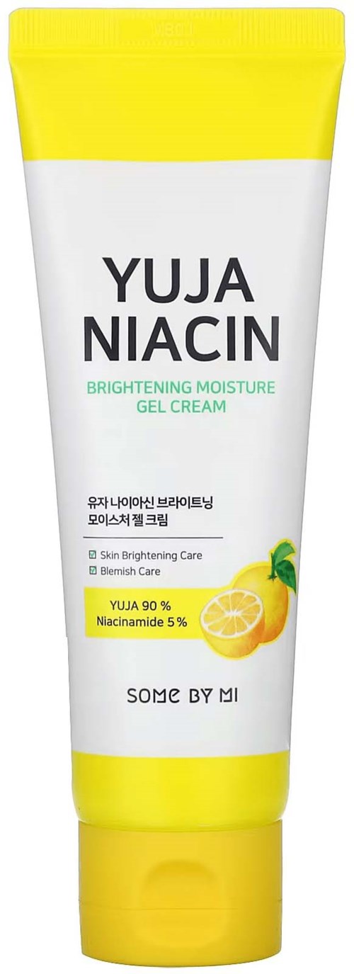 A tube of brightening moisture gel cream with lemon and niacin ingredients, labeled 'YUJA NIACIN'.