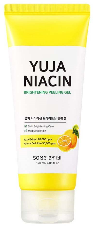Kirkas keltainen ja valkoinen tuubi, jossa lukee "Yuja Niacin Brightening Peeling Gel" ja kuva appelsiinista ja sitruunasta.