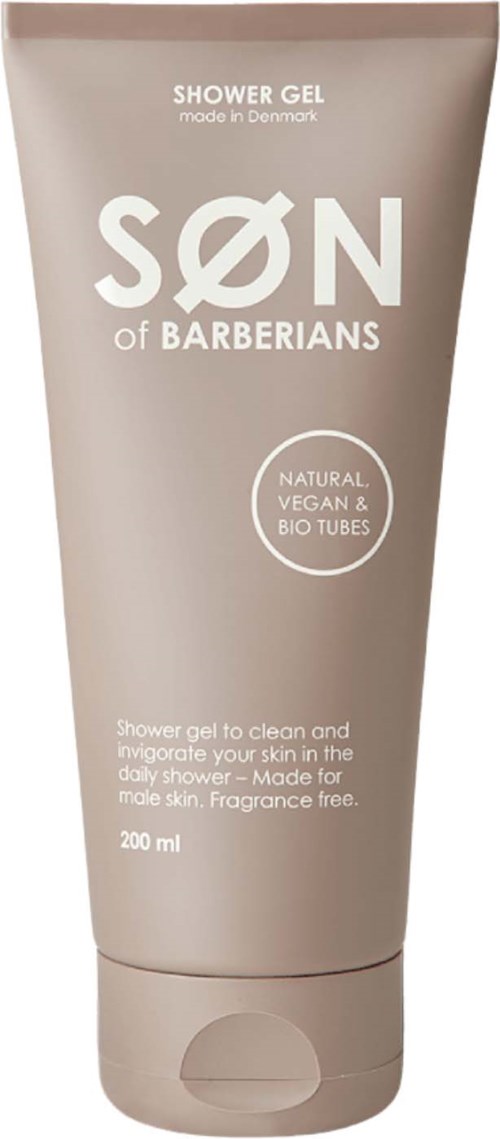 Biała rura żelu pod prysznic, oznaczona "SØN of BARBERIANS," wyprodukowano w Danii, dla naturalnych, wegańskich i bio składników, 200 ml.