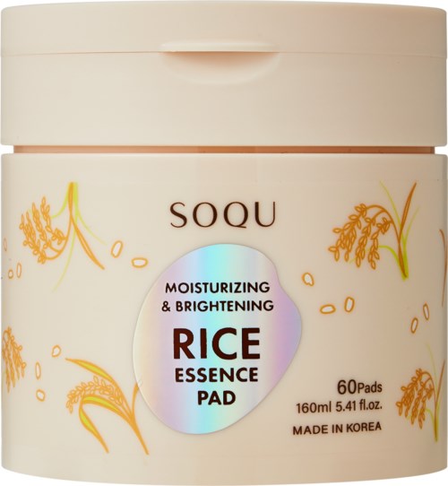 A cream-colored container of rice essence face pads with floral and rice plant illustrations, made in Korea.