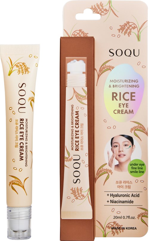 En eske og tube med SOQU Rice Eye Cream, med bilde av risplanter, et kvinnes øye og produktdetaljer på emballasjen.