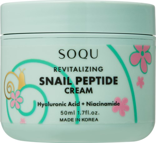 A light green jar of snail peptide cream with flowers and a snail illustration, labeled as revitalizing and made in Korea.