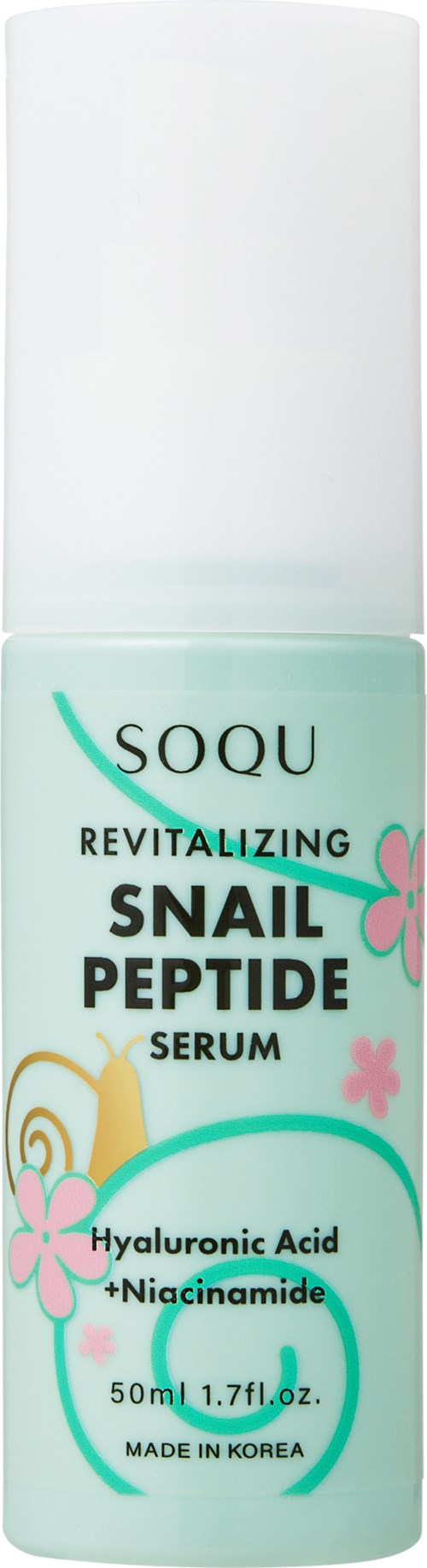 A white and light-green bottle labeled "SOQU Revitalizing Snail Peptide Serum" with pink and yellow flower designs.