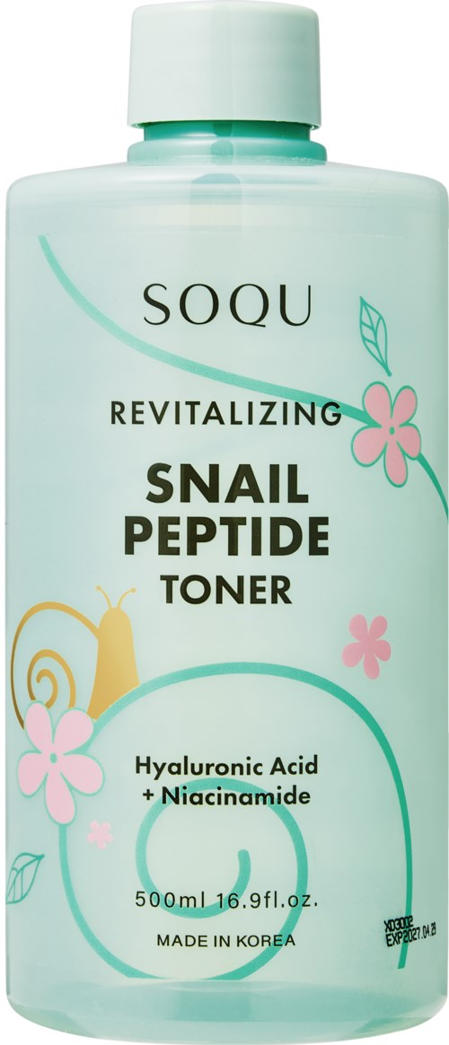 A light green bottle of SOQU Snail Peptide Toner with a white cap, featuring text and colorful snail and flower illustrations.