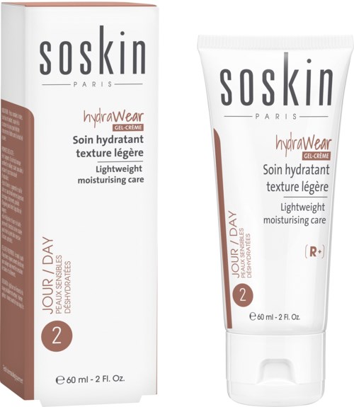 En hudvårdsprodukt i tub och förpackning, märkt 'soskin HydraWear gel-creme' för lättfuktande, för daglig användning.