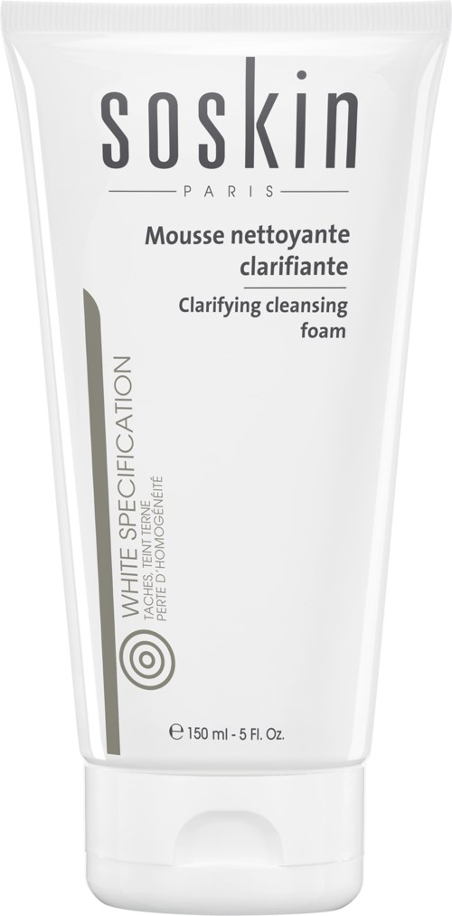A white tube of SoskIn Paris clarifying cleansing foam, holding 150 ml, with black and gray text and design.