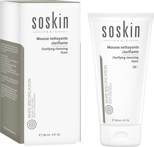Soskin clarifying cleansing foam in a tube and box, designed for skin cleansing, with 150 ml capacity.