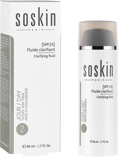 En vit flaska och box med Soskin klarande vätska med SPF 25, 50 ml, snygg design och modern font.