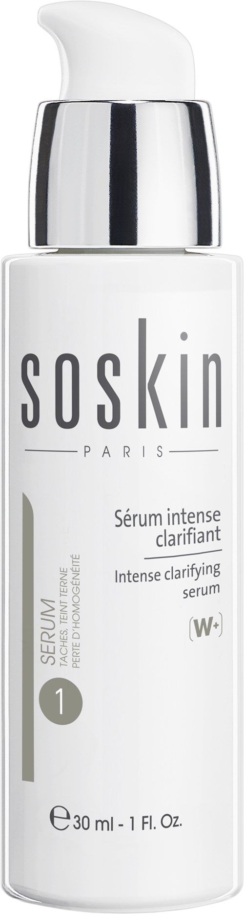 En vit flaska med pumphatt märkt Soskin Paris, för intensiv klarande serum.