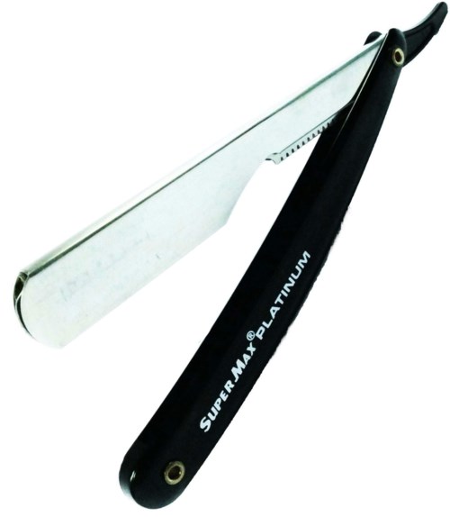 En rakkniv med svart handtag och ett glänsande silverblad.