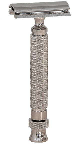 En metallic säkerhetsf Harper med ett texturerat handtag och en stängd säkerhetsbar för rakning.