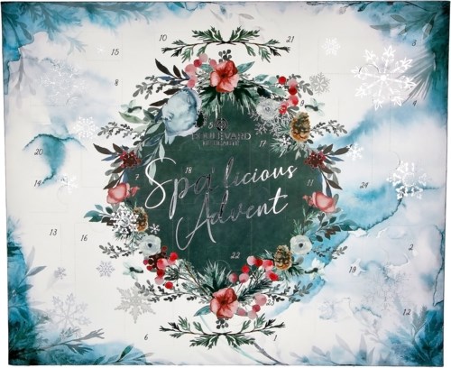 Ett festligt julkalender med blomster- och vinterdesign, som har snöflingor, julstämning och texten "Spa licious Advent."