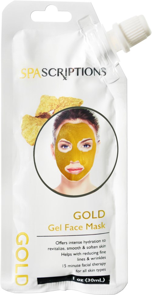 En vit påse med lock, med en kvinnas ansikte med gul ansiktsmask och text om gulton gelmask.