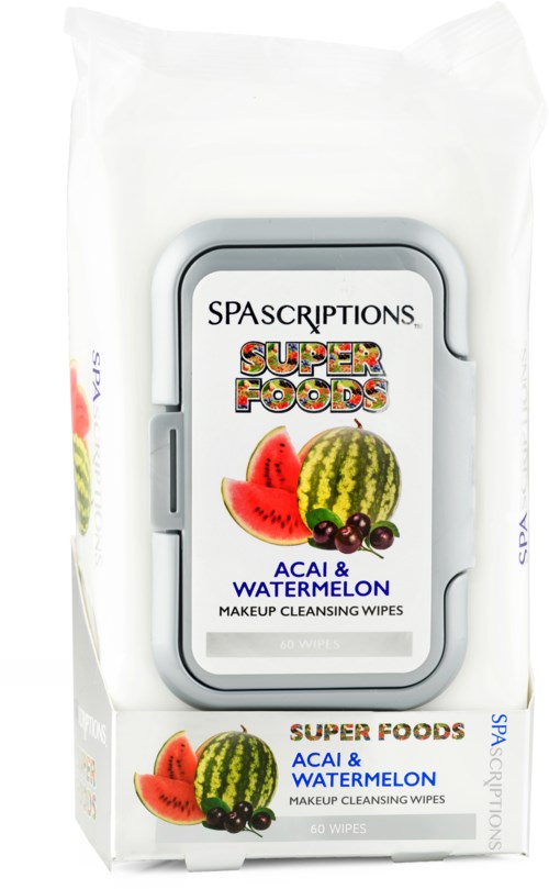 Pakke med makeup-ristendepler med smak av vannmelon og acai, emballasjen viser vannmelon, acai-bær og vannmelonskiver.