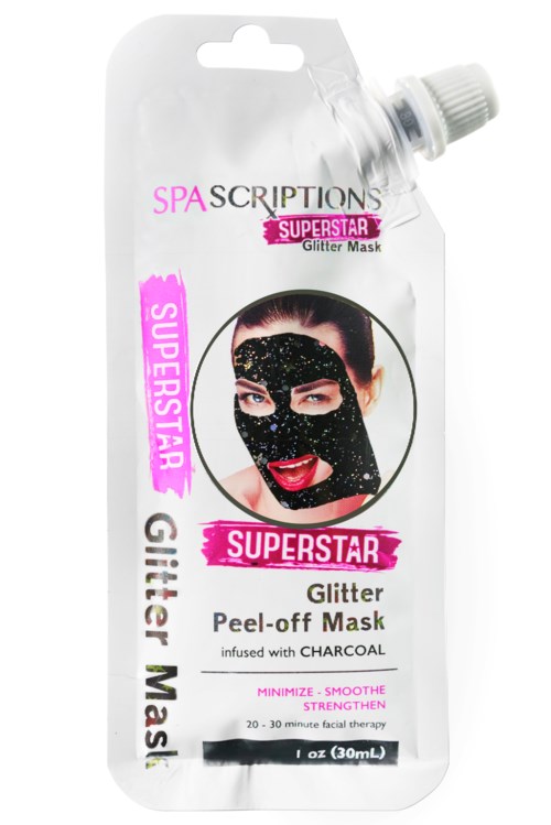 En glitter-peel-off ansiktsmaske i pakke med en kvinne som påfører den, merket 'Superstar Glitter Mask' og 'SPA Scriptions.'