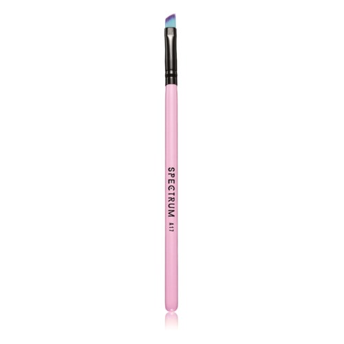 A pink eye makeup brush with a black handle and a slanted brush tip.
