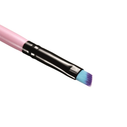 A makeup brush with a pink handle and blue-tipped bristles.