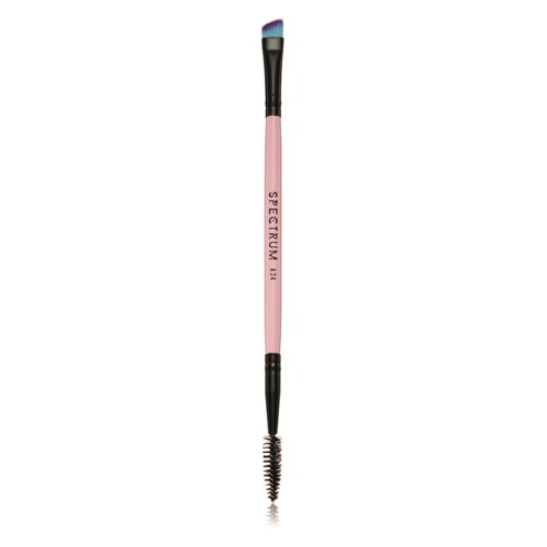 A dual-ended eyebrow brush with a pink handle, one end has a spoolie and the other a small brush. The handle says "SPECTRUM".