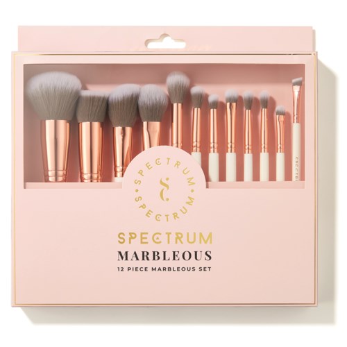 12 kappaleen marmorisen näppärä makeup-harja, rosegold-kahvalla, pinkissä laatikossa.