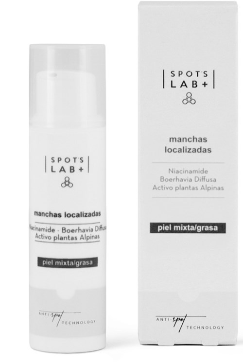 En vit flaska och kartong med 'SPOTS LAB+'-märke, för hudvård mot fläckar med naturliga ingredienser.
