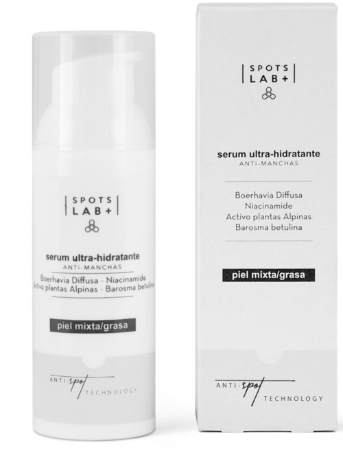 En vit pumpflaska och förpackning med svart text, som marknadsför en hudvårdsserum för fet och blandad hud, mot fläckar, med ingredienser listade.