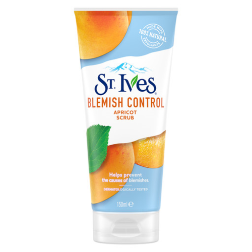 A tube of St. Ives Apricot Scrub for blemish control, with apricots, green leaf, and blue and white design.
