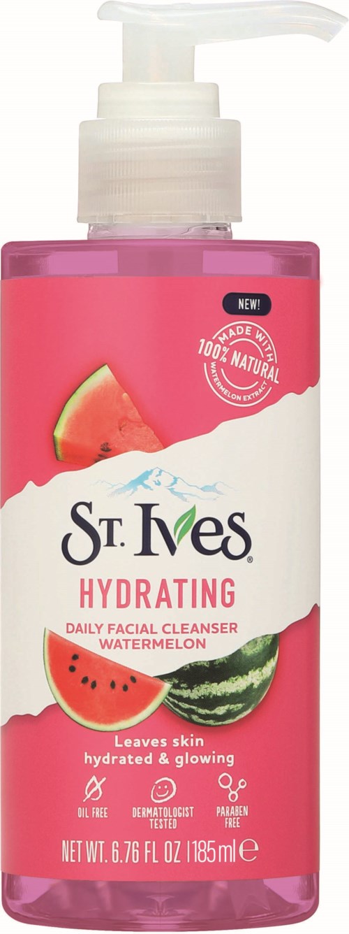 Różowa butelka z pompką, oznaczona St. Ives Hydrating Watermelon żel do twarzy, z obrazkami arbuza i ogórka.