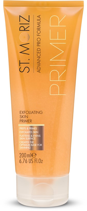 En tub med exfolierande hudprimer med orange design, varumärket St. Moriz, 200 ml storlek och produktdetaljer.