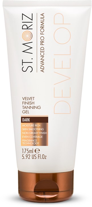 En vit tub med brunt lock, märkt St. Moriz Advanced Pro Formula Velvet Finish Tanning Gel, mörk, 175 ml.