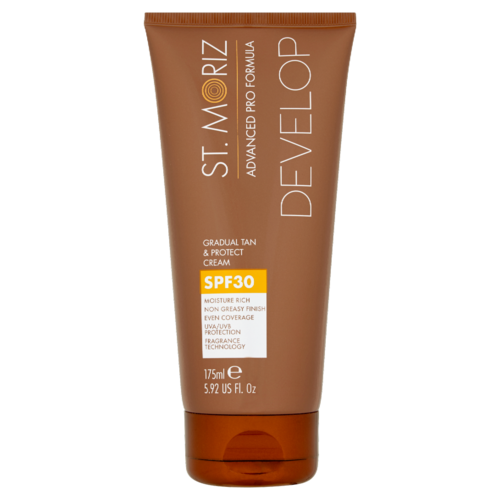 En brun tub med St. Moriz Advanced Pro Formula Developing Cream med SPF50, 175 ml, för hudvård.