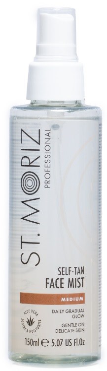 Biała sprayowa butelka oznaczona St. Moriz Professional Self-Tan Face Mist, średni odcień, do stopniowego nabłyszczenia, 150ml.