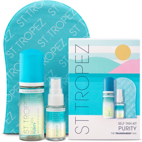 A skincare set with two blue bottles and a small spray, a colorful brochure, and a circular blue background with white text.