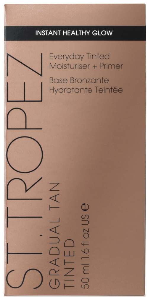 En beige og svart boksom viser et hudpleieprodukt med tekst om fuktighetskrem, primer og tint for en sunn glød.