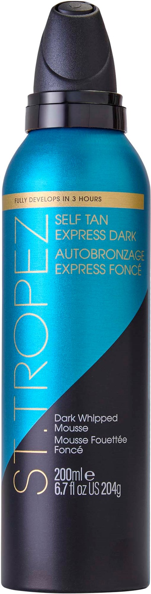 Blue and black spray can with yellow label, called Self Tan Express Dark, for quick tanning.