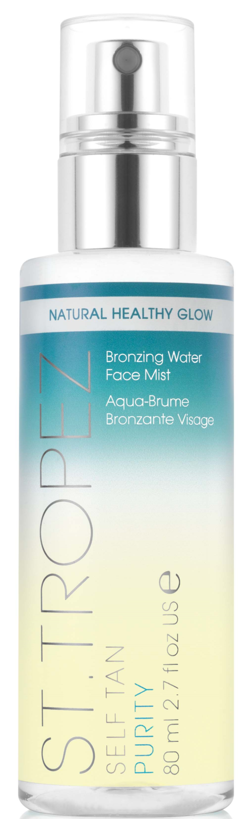A spray bottle labeled 'St.Tropez' for face mist, with a silver cap and blue and yellow design.