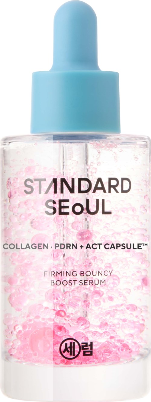 Ein Hautpflege-Serum-Flasche mit blauer Pipette und rosa Blasen auf dem Etikett. Das Etikett hat schwarze und rosa Schrift.