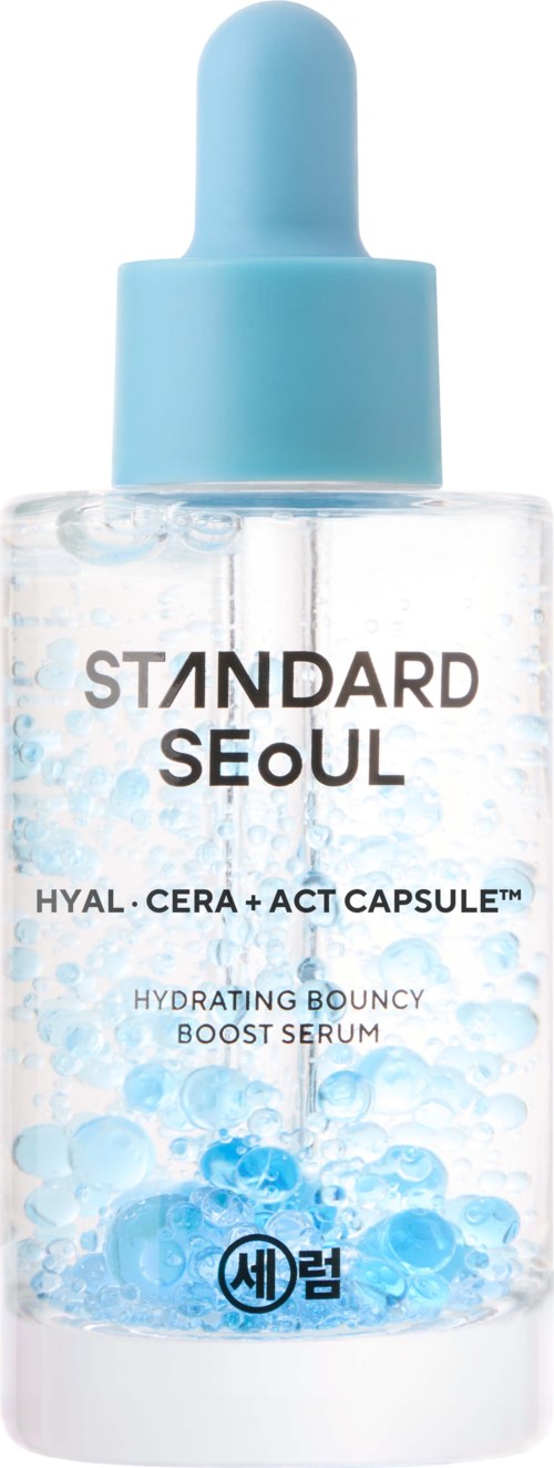 Eine klare Flasche mit blauer Flüssigkeit und Blasen, mit blauer Pipettenspitze. Es ist ein hydratisierendes Serum für die Haut.
