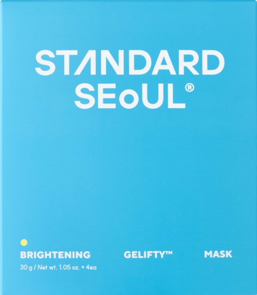 Eine blaue Schachtel mit weißen Text sagt Standard Seoul Brightening Gelify Mask. Es enthält vier Masken, jeweils 30 Gramm.