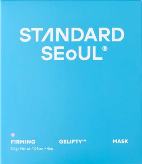 Ein blauer Verpackungskarton mit den Worten STANDARD SEOUL und den Produktnamen GELFITY und MASK. Kleiner Text mit Gewichtsangaben.