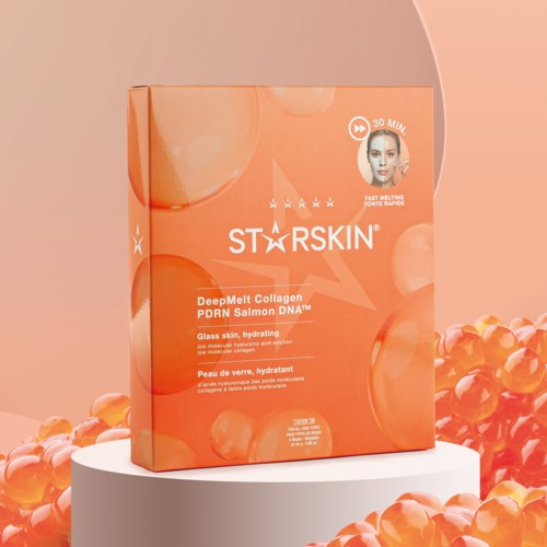 A coral-colored box of skincare product with salmon capsules around, labeled Star Skin DeepMelt Collagen PDRN Salmon DNA.