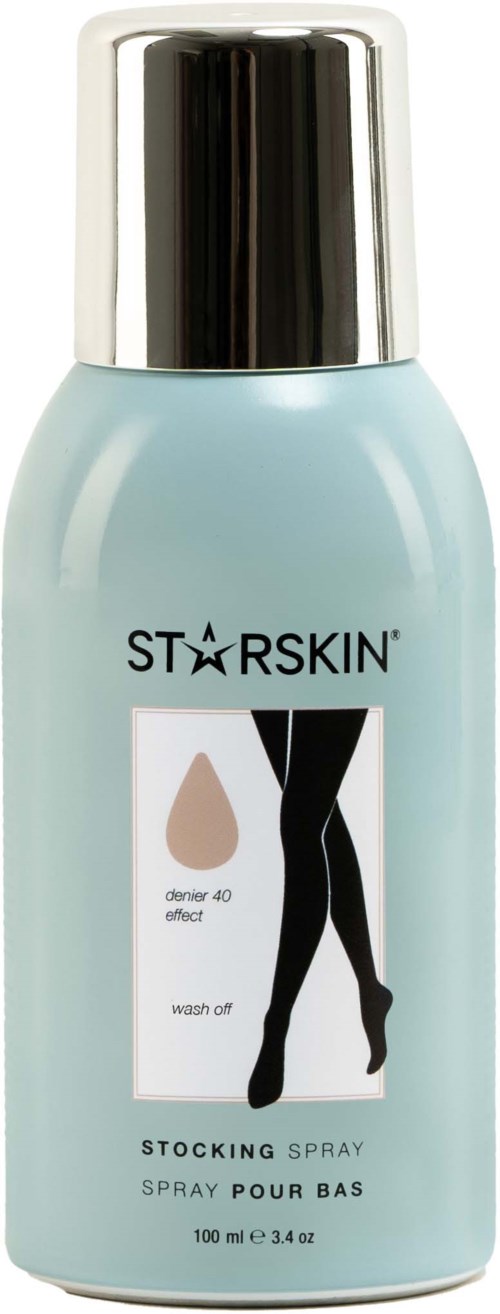 En ljusblå flaska med silverlock, märkt 'Stocking Spray' för borttagning av ben- och fotmakeup.