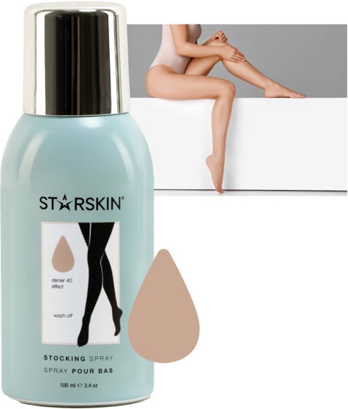 En ljusblå flaska med etiketten 'Stocking Spray' och en droppsymbol, tillsammans med en kvinna som sitter med korsade ben.