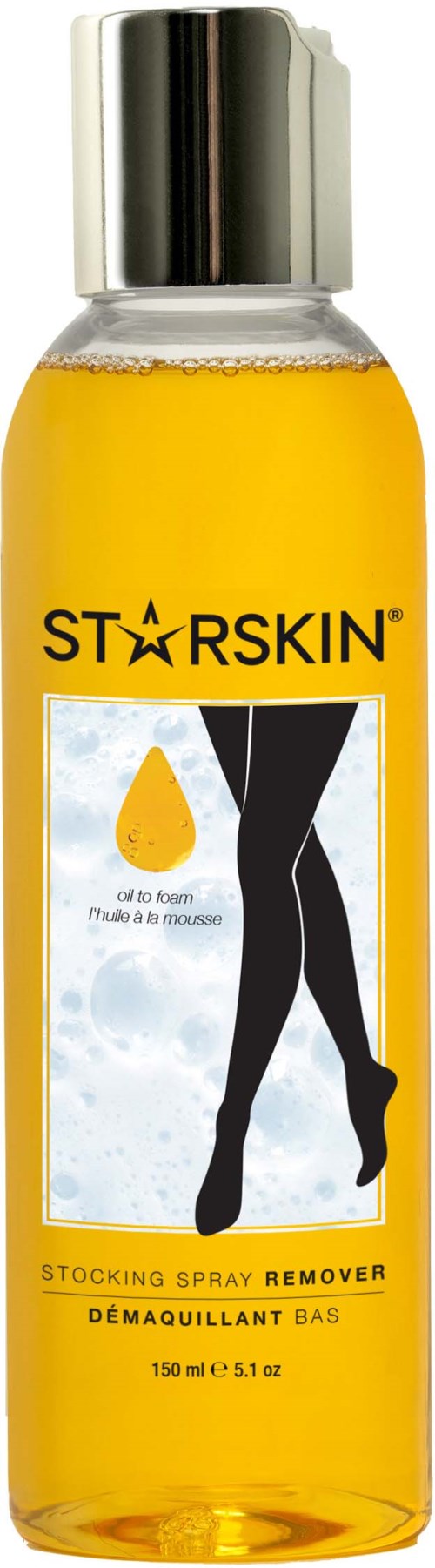 En gul flaske med sølvhette merket Star Skin, viser ben og en dråpesymbol, brukes til å fjerne sminke.