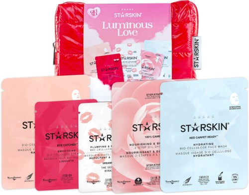 A collection of skincare products, including face masks, eye patches, and soothing gel, on a red and pink bag.