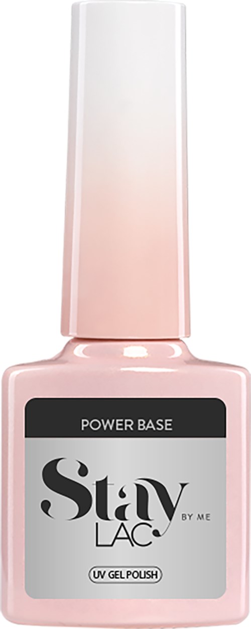 Een roze nagellakfles met 'Power Base' en 'UV Gel Polish' van Stay Lac.
