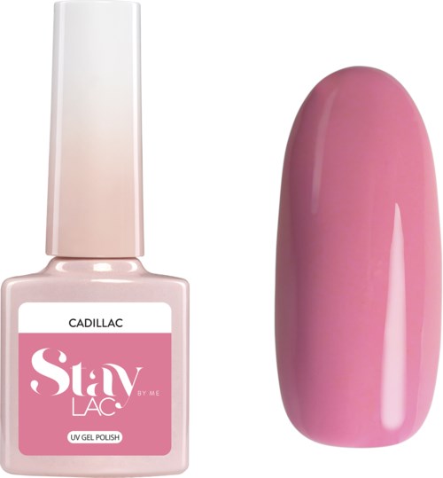 Liten flaska med rosa nagellack och en oval nagelprovsbit som visar färgen.