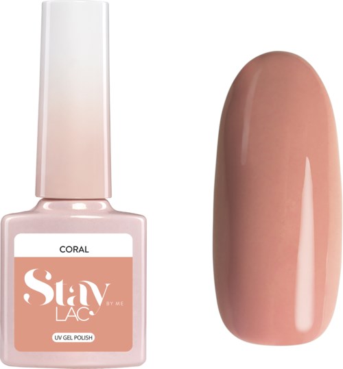 Eine Flasche mit Korallenfarbenem Gel-Nagellack und eine bemalte Nagelprobe, die die Farbe zeigt.