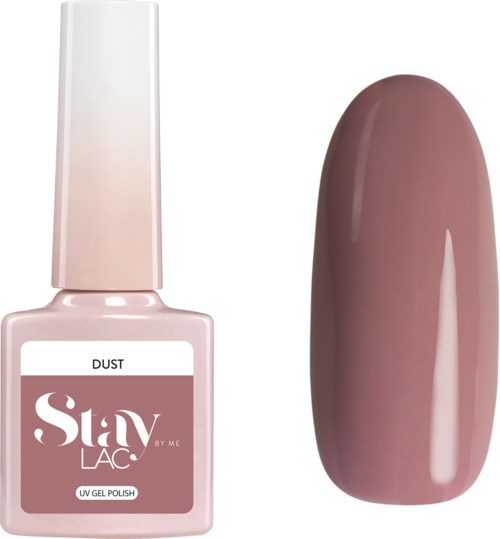 Rosa Nagellackflasche mit 'Dust' beschriftet und eine glatte, ovale, rosa-braune Nagel.