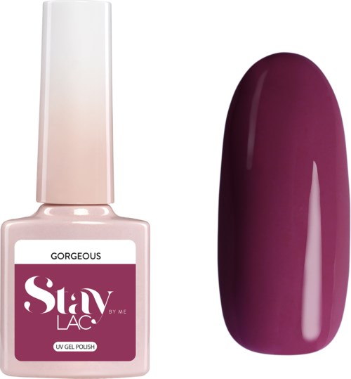 En flaska med rosa gele nagellack och ett prov målat nagel med en djup lila färg.